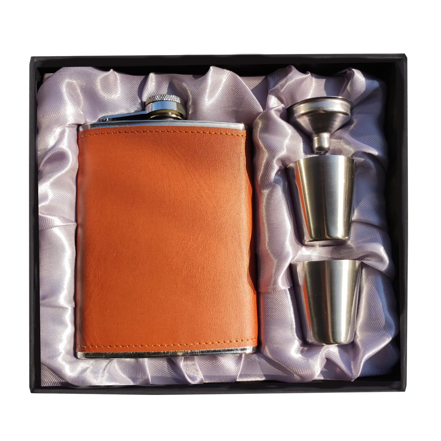 LHD HOME Hip Flask 8OZ Flask for Liquor for Men, Hip Flask Set with Funnel Shot Glasses,Food-Grade 304 Stainless Steel Flask Gift for Whiskey Rum Groomsman Best Man Usher Wedding Camping-Leather Brown