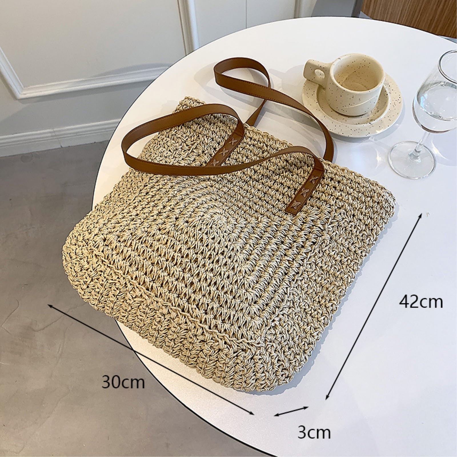 Strohtasche Damen Handgewebte Stroh Strandtasche, Große Kapazität Schultertasche, Frauen Reise Einkaufstasche-Khaki