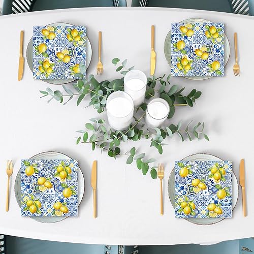 Miniatura 7 de JarThenaAMCS 80 servilletas de papel con azulejos y limones, servilletas desechables azules y amarillas, servilletas decorativas para cena,