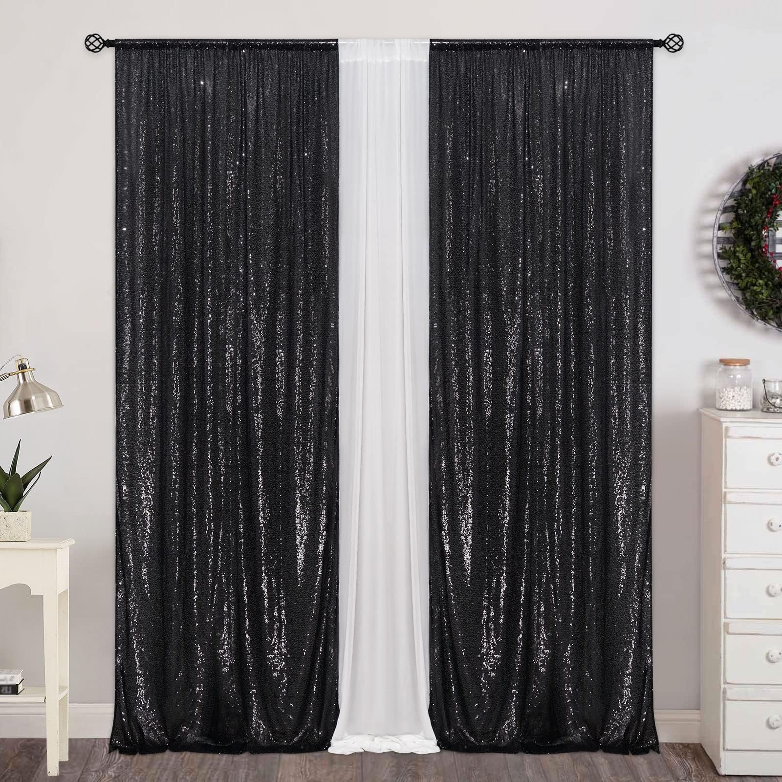 WENMER Black Sequin Backdrop 2 Pieces 2 x 8FT Sequin Curtain Backdrops Shimmer Photo Backdrop Background Curtains Glitter Curtain Backdrop