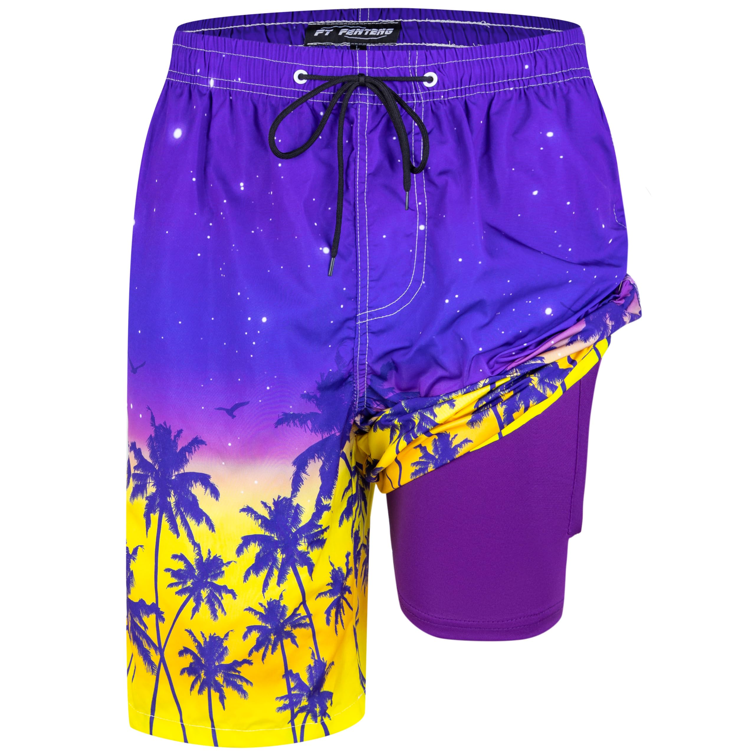 Mens Swim Trunks with Compression Liner 9" Board Shorts with Zipper Pockets