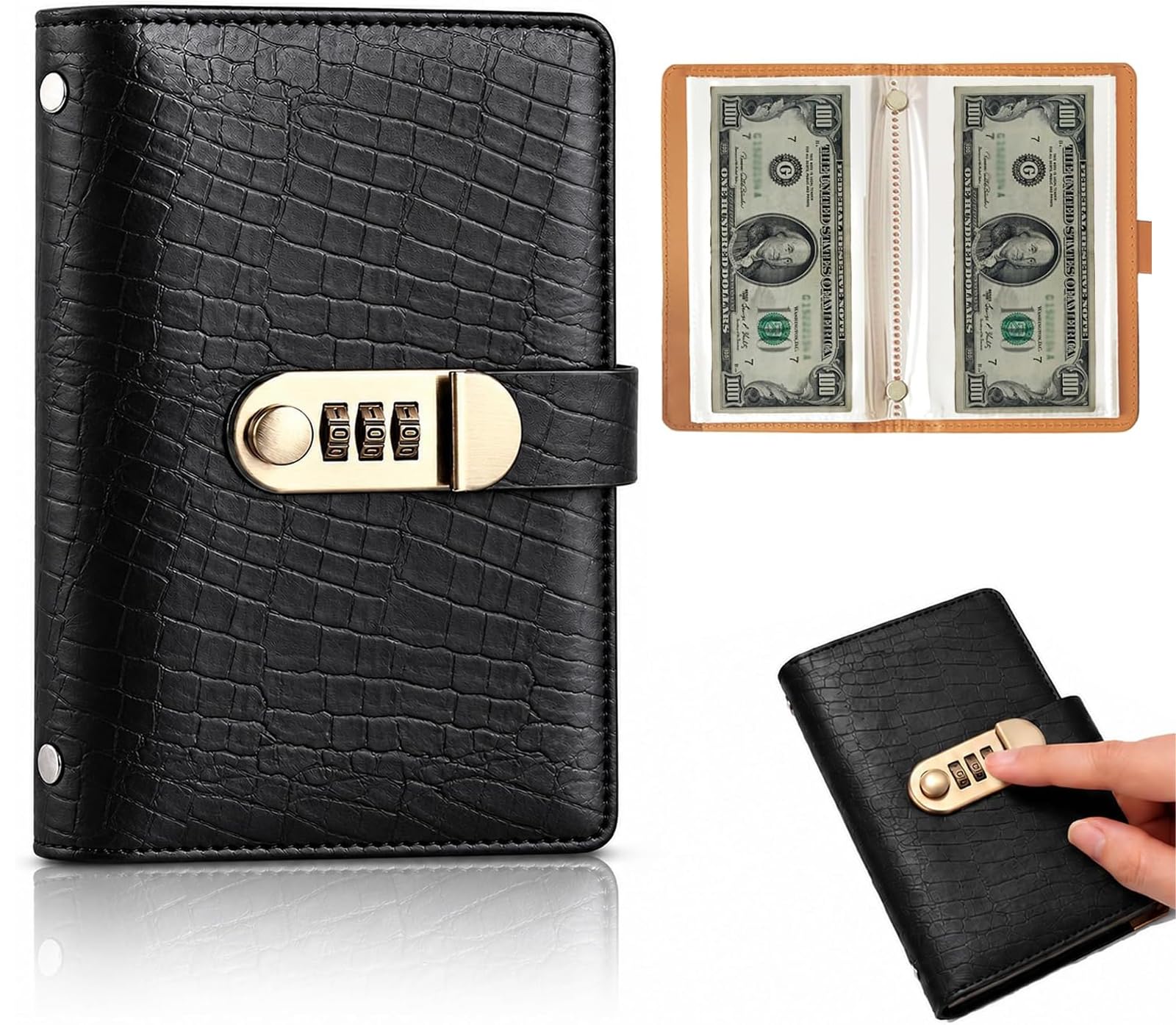2027 Upgrade 100 Envelope Savings Challenge Book with Password Lock,Vintage Lockable Cash &amp; Banknote Organizer for Budgeting,Travel &amp; Gifts.（Black）
