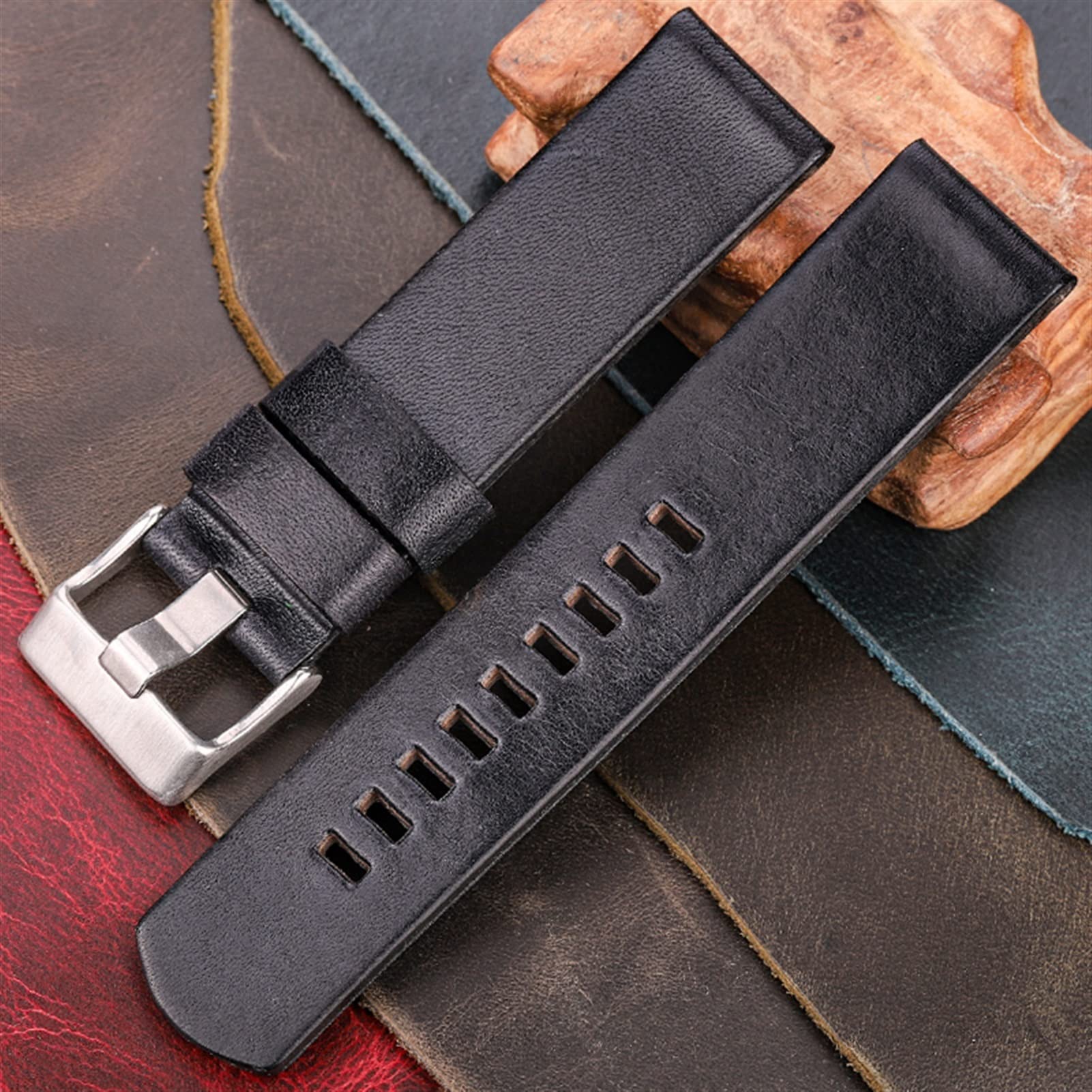 Correa de Reloj Hecha a Mano 22 mm 24 mm 26 mm Negro Rojo geel marrón Oscuro Correa de Reloj de Cuero Genuino Mujeres Hombres Correa Gruesa (Negro 26 mm)
