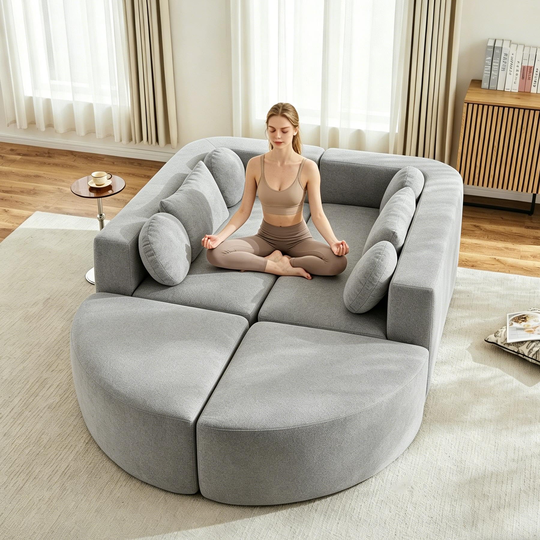 Bladez Divano modulare a 4 posti, 292 cm, in ciniglia con ottomano, divano senza osso, con funzione letto, schiuma ad alta densità, senza montaggio, per soggiorno, grigio
