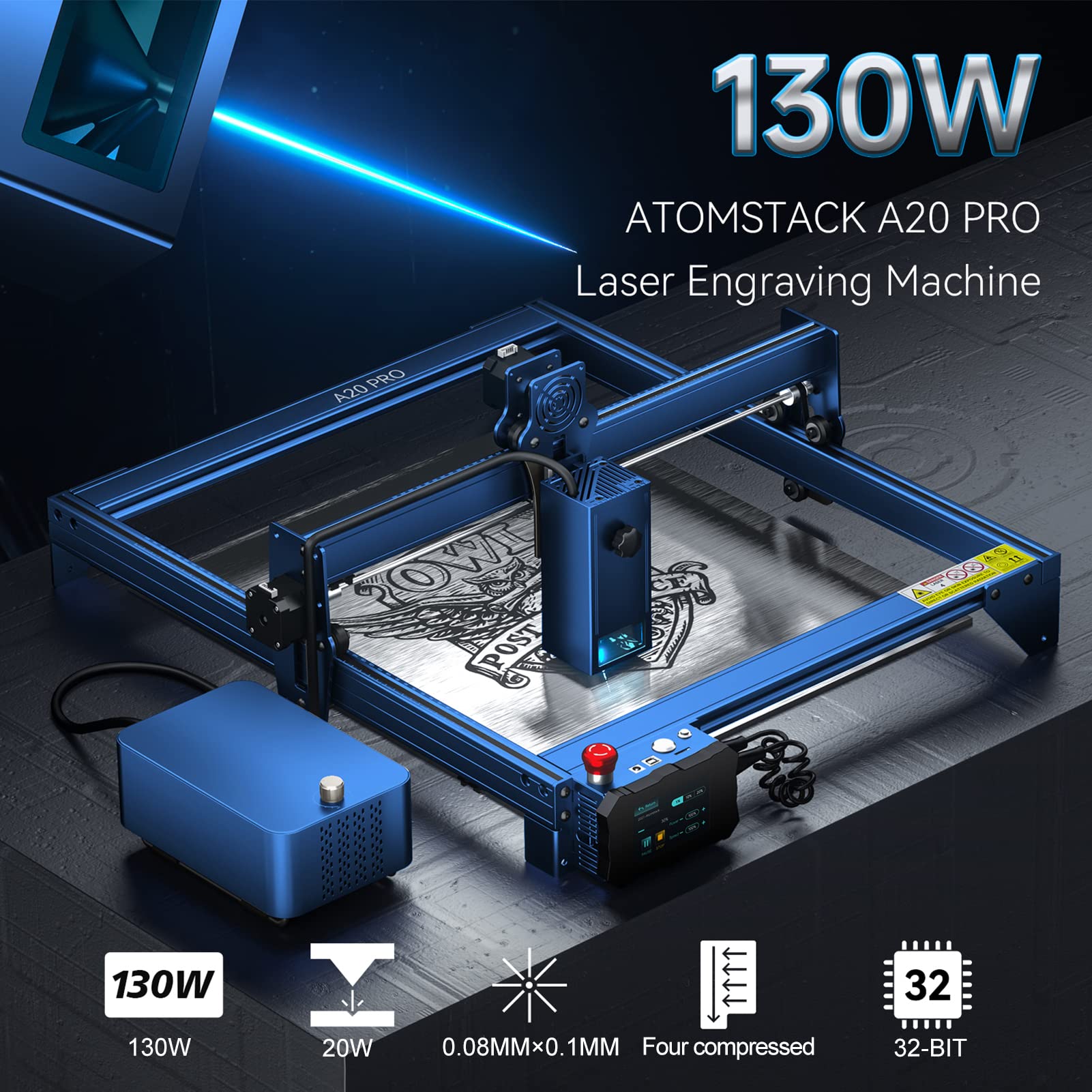 ATOMSTACK A 20Pro 20W Grabador láser de potencia con rodillo giratorio R3 Pro, máquina de grabado láser de 130 W, cortador láser de enfoque de 0,08 x 0,1 mm para madera contrachapada, acrílico, papel