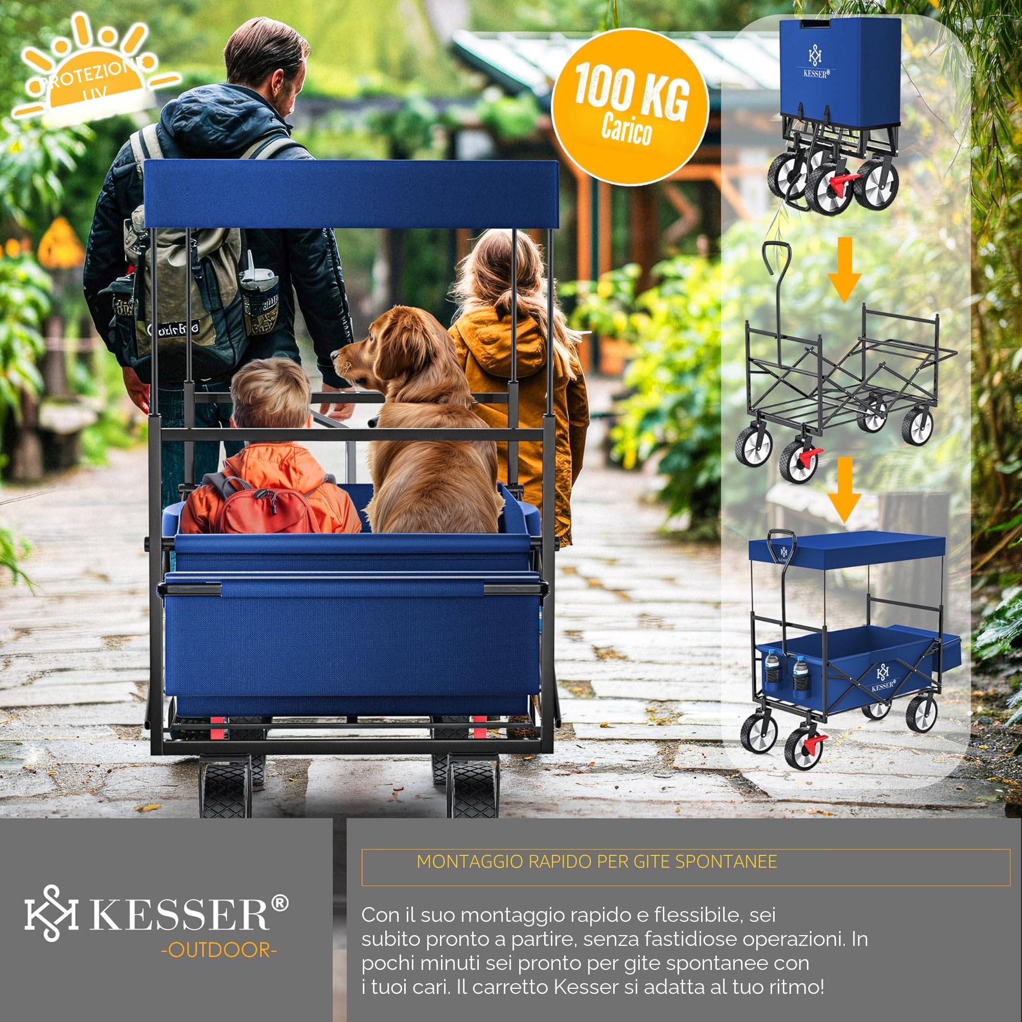 KESSER® Carrello pieghevole con tetto, carrello per attrezzi, con 2 tasche a rete e una tasca esterna, con freno anteriore, pieghevole, pneumatici in gomma piena, portata fino a 100 kg