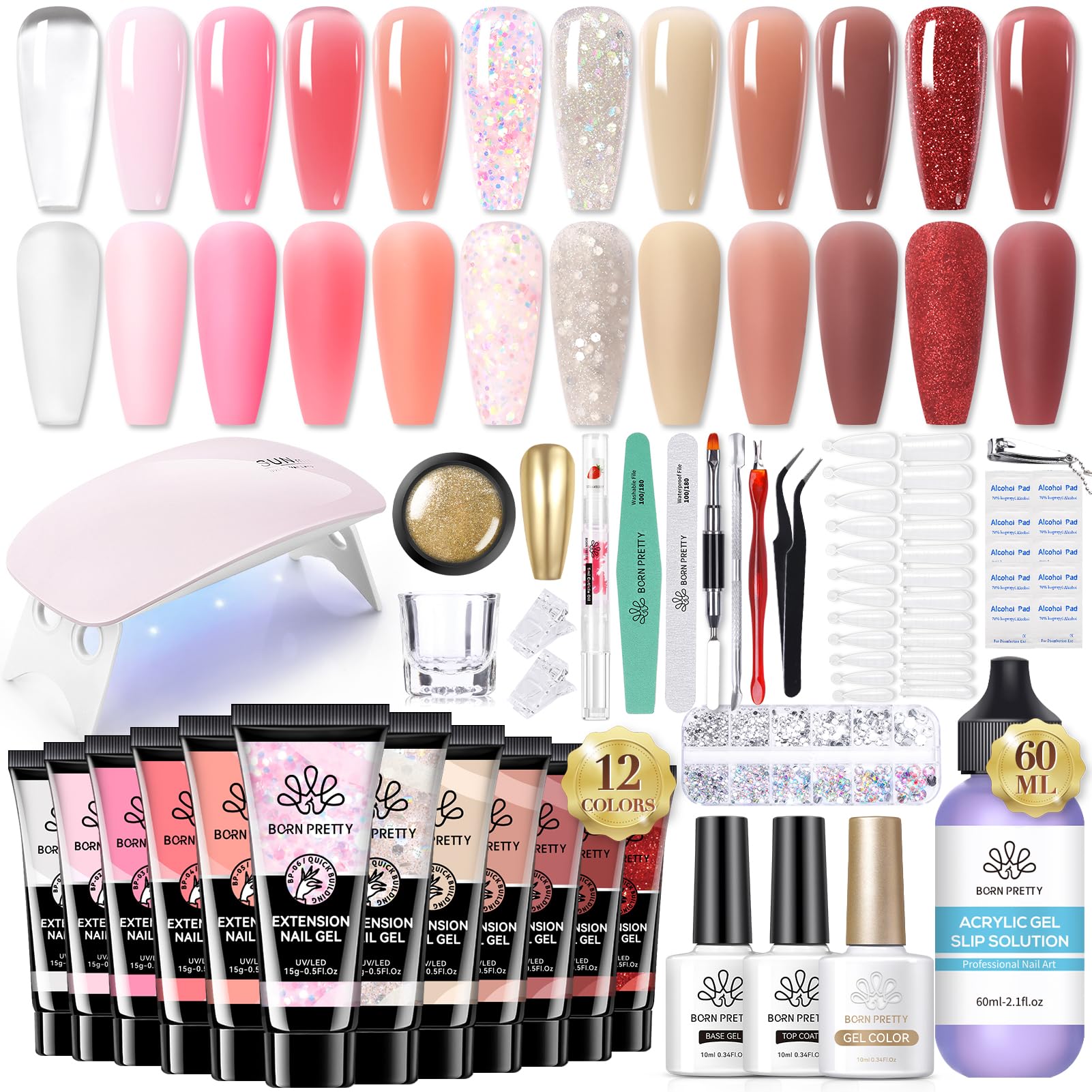 BORN PRETTY Poly Nail Extension Gel Kit-12 Colors Poly Nails Gel Kit Nude Clear Jelly Pink All In One Kit Builder Glue Gel with Nail Lamp Base Top Coat Set Nail Forms French Manicure Ideal Gifts