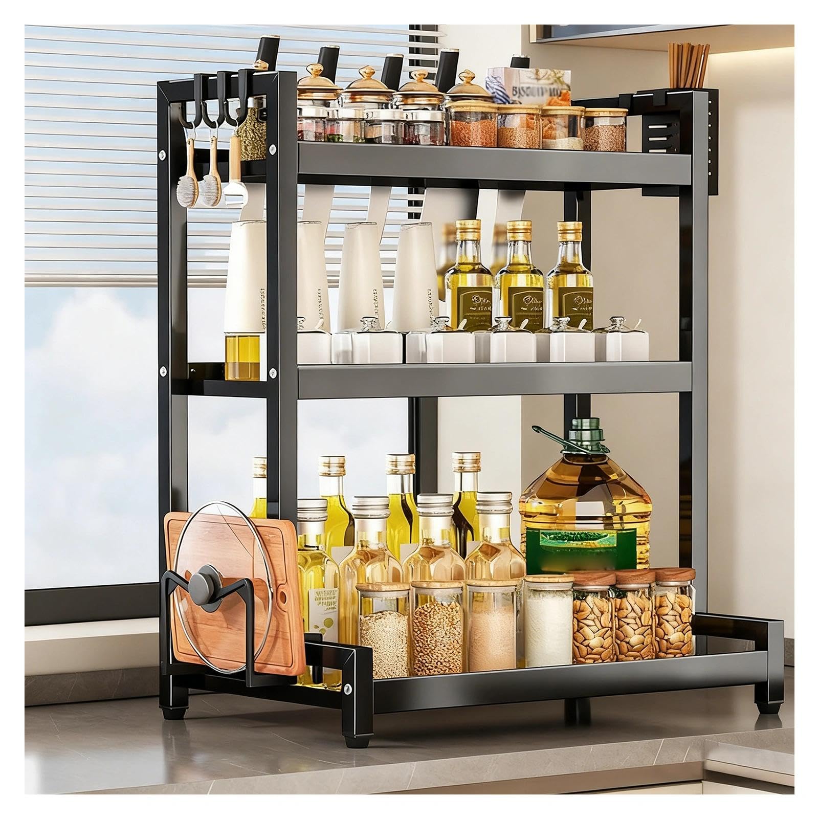 TIANQIHAO Stainless Steel Countertop Spice Rack Nizer, 2-Tier Metal Table Rack With Hooks And Knife Holder, Standing Large Nizer For Sugar, Salt, Pepper And Oil Bottles,Black-3 Tier-15.7in