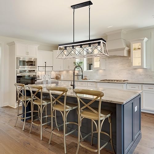 Miniatura 8 de Lámpara de araña de granja de 5 luces, iluminación de isla de cocina, acabado de madera blanca rústica, lámpara de comedor de altura ajustable,