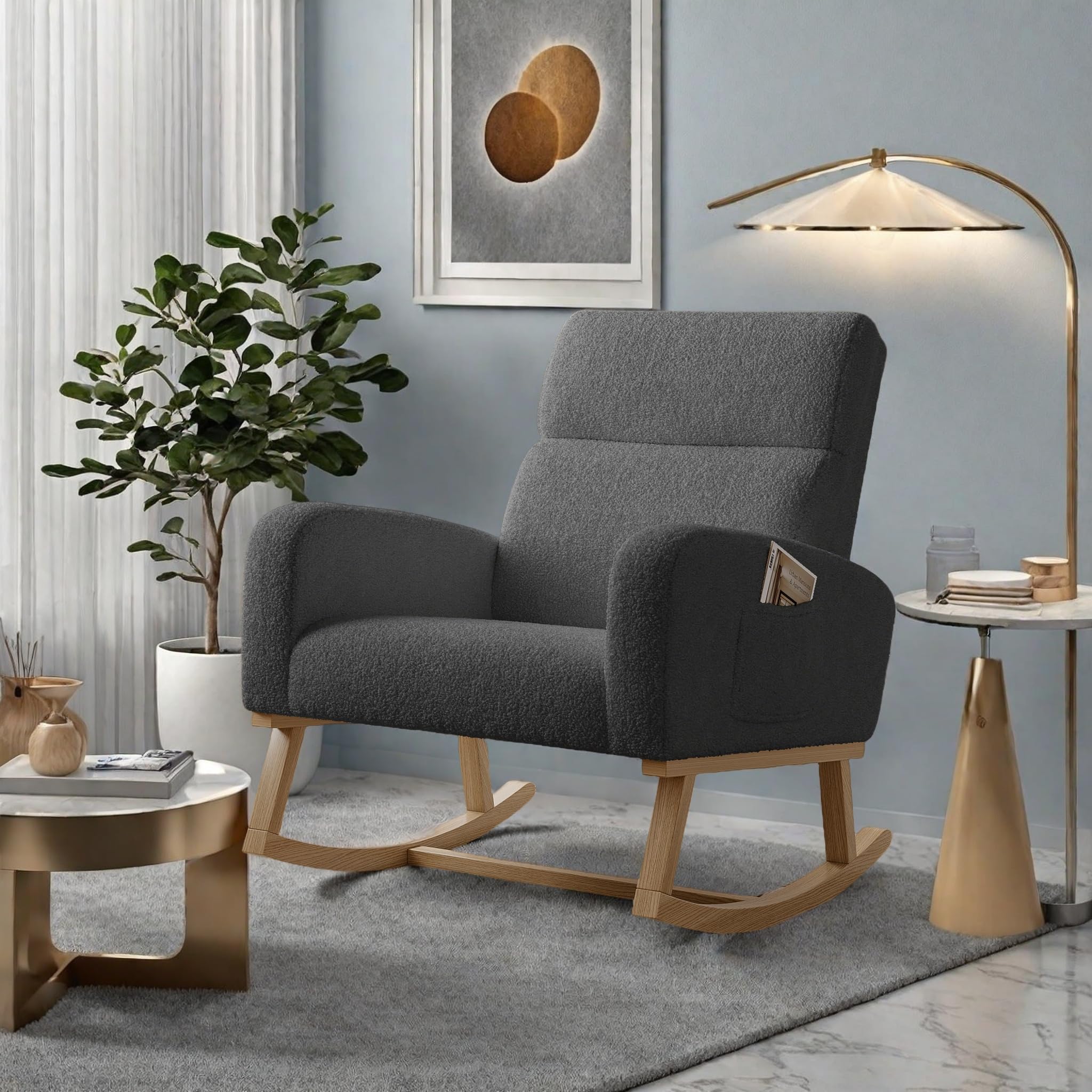 FEEOHOME Fauteuil à Bascule Velours Teddy avec Dossier et Accoudoirs Poche Base Bois pour Salon