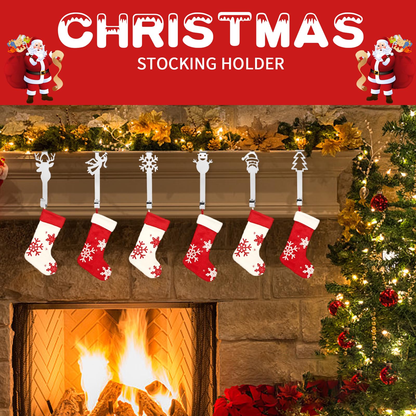 Set di 6 Ganci in Metallo con Motivo Natalizio Supporto per Calza di Natale Decorazioni Natalizie Ganci di Natale Porta Calze, Babbo Natale Pupazzo di Neve Alce Albero di Natale Supporti (Argento)