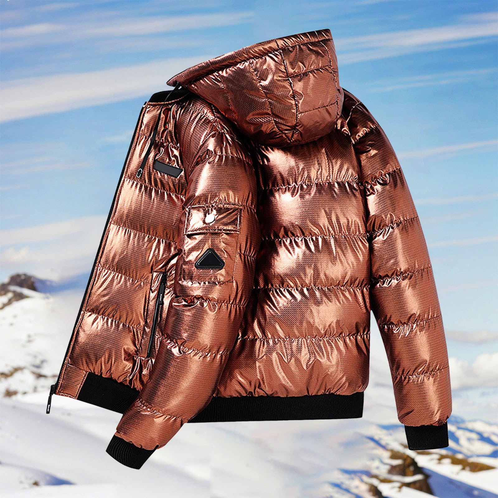 Generisch Piumino da uomo lucido, giacca con cappuccio, tinta unita, con colletto alto, caldo, imbottita, giacca trapuntata, giacca invernale, per l'inverno metallizzato, Thickened Shiny Detachable
