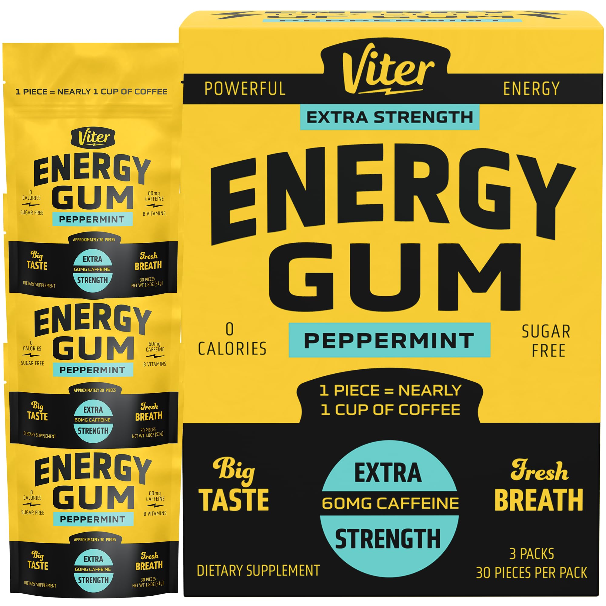 Viter Energy 60mg Caffeine Gum (Peppermint Flavor, 30 Pieces, 3 Pack) - Sugar Free, Vitamin B3, B6, B9, B12, Zero Calories, Caffeinated Energy Chews,
