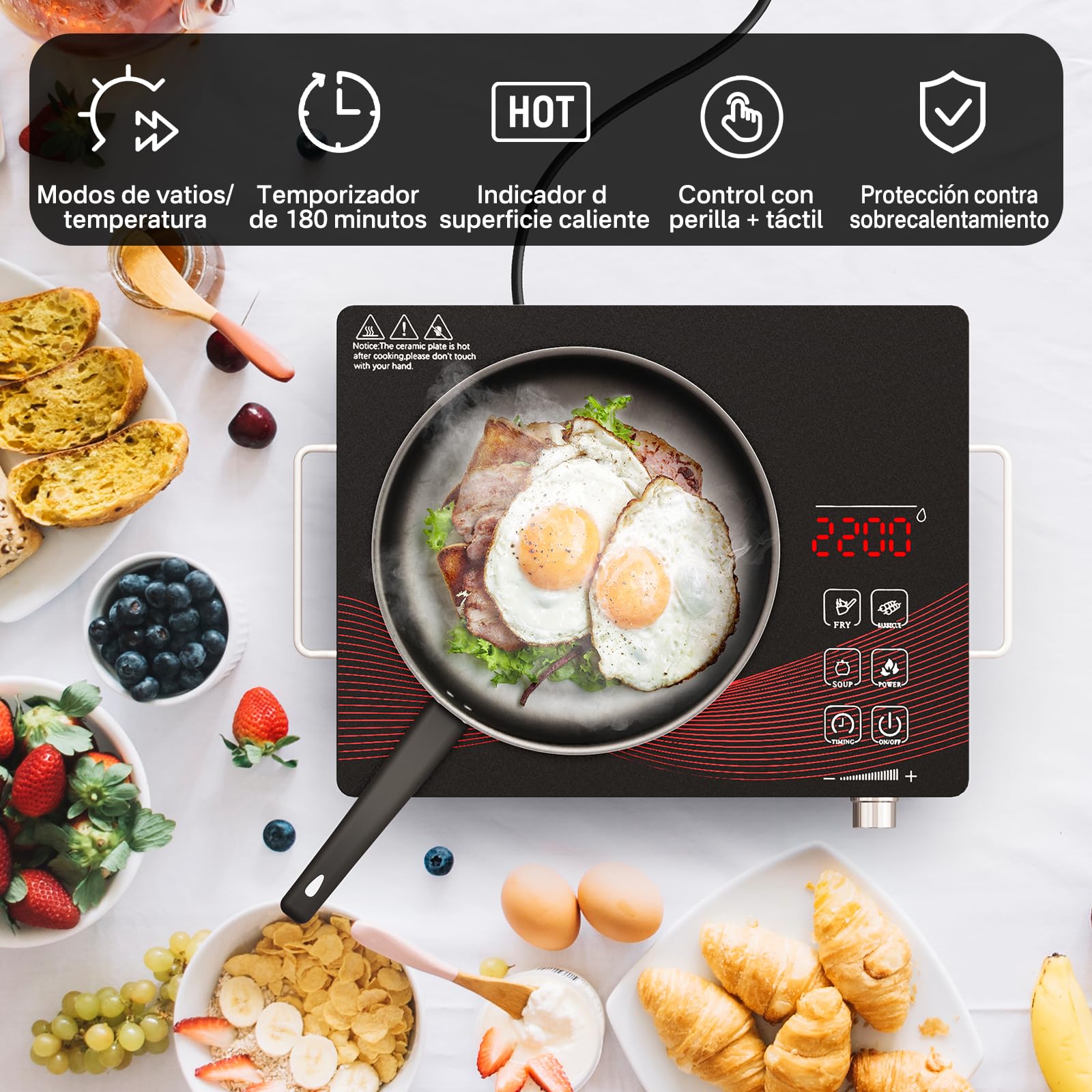 Placa Eléctrica 1 Fuego, Placa Vitrocerámica Infrarroja Portátil con Control Táctil y Perilla, Temperatura Ajustable para Cocina y Camping, RR-912-Black