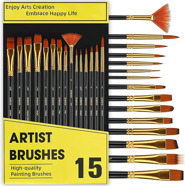 Koogel Art Paint Brush Set, 15PCS Professional Painting Brushes Wood Handles Assorted Paint Brushes for Acrylic Watercolour Oil Face Nails Painting