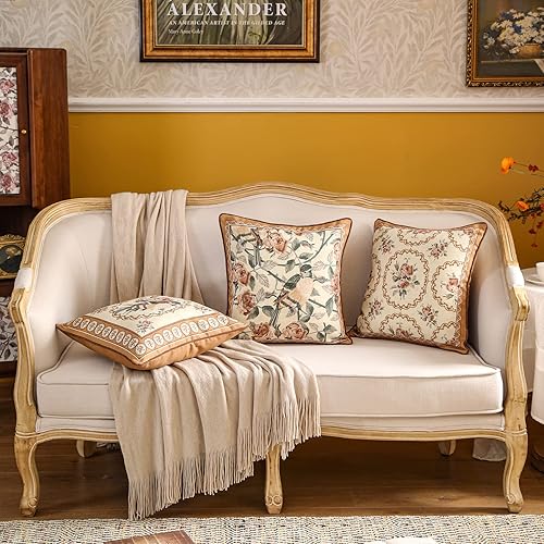 Miniatura 5 de Juego de 2 fundas de almohada de diseño floral vintage para sofá, fundas de almohada de lino marrón con patrón de pájaros y rosas, cojín cuadrado