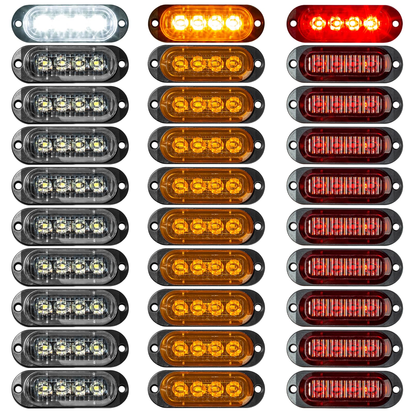 Catekro 30 Unidades Luces de Galibo LED, 12V - 24V, Amarillo+Rojo+Blanco | Luces Laterales de Posición con 4 LED para Camiones Furgonetas Remolques Coche Estancas e Impermeables