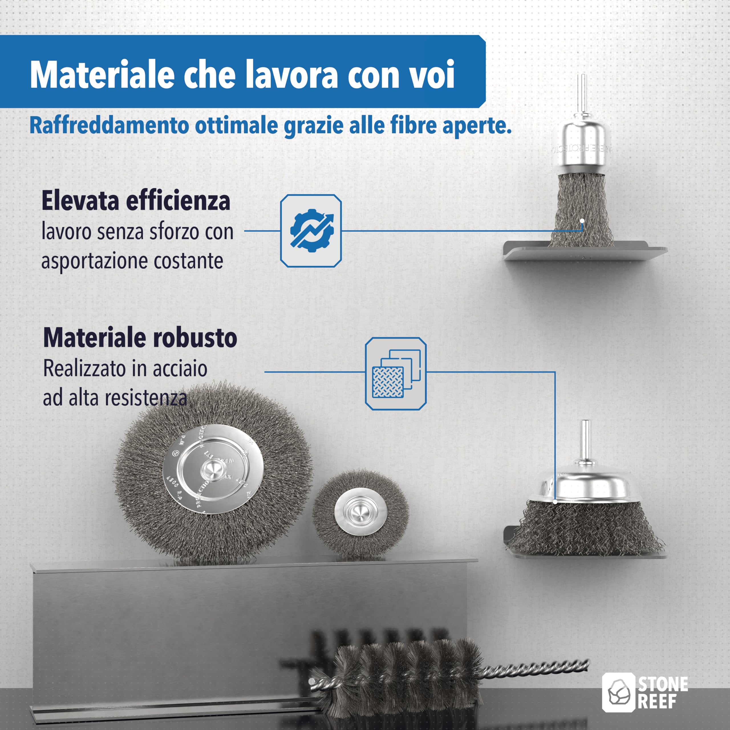 STONE REEF Set di 5 spazzole metalliche, fusto rotondo da 6 mm, trapani, avvitatore a batteria, accessori universali per la lavorazione della superficie, ideale per rimuovere la ruggine e rimuovere