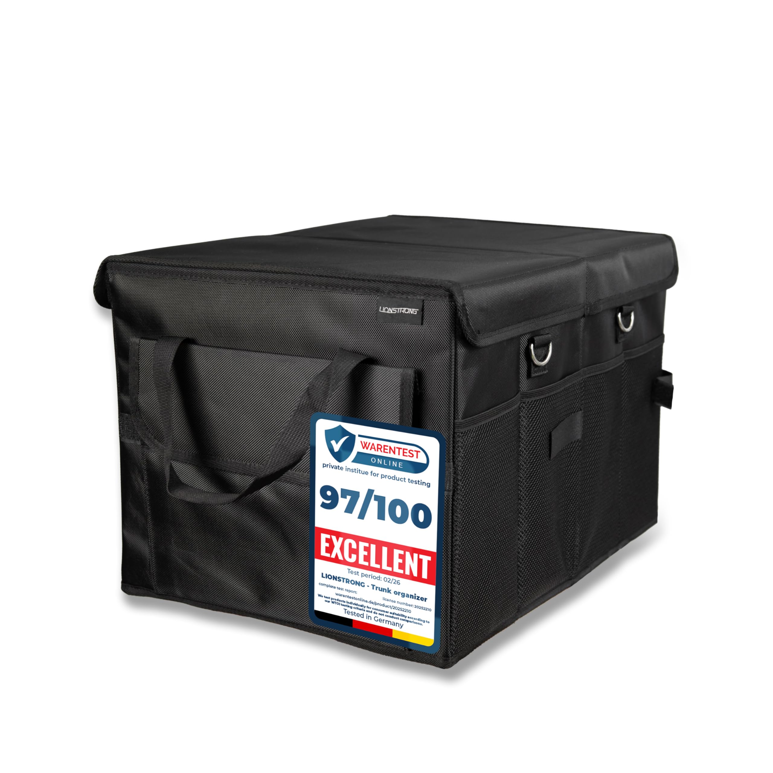 LIONSTRONG® Box Organizer da Bagagliaio – Contenitore pieghevole e antiscivolo con maniglie e scomparti per city car, berline e SUV – Ideale per spesa, attrezzi e viaggi – Robusto e compatto