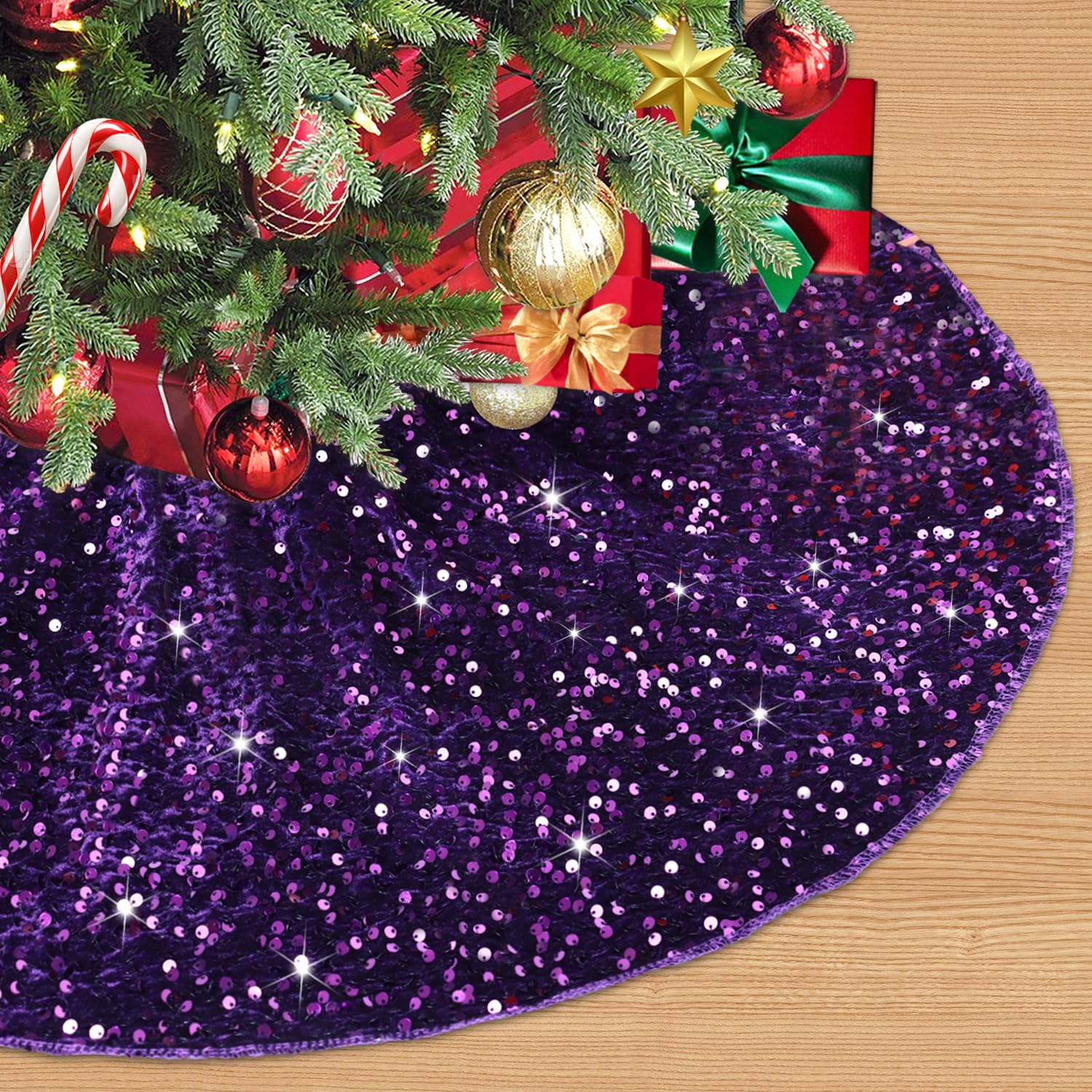 Purple Christmas Tree Skirt Large Sequin Trees Skirt 48 Inch Velvet Tree Skirts Halloween Tree Skirt Collar Merry Christmas Trees Skirt for All Seasons Purple Christmas Decor