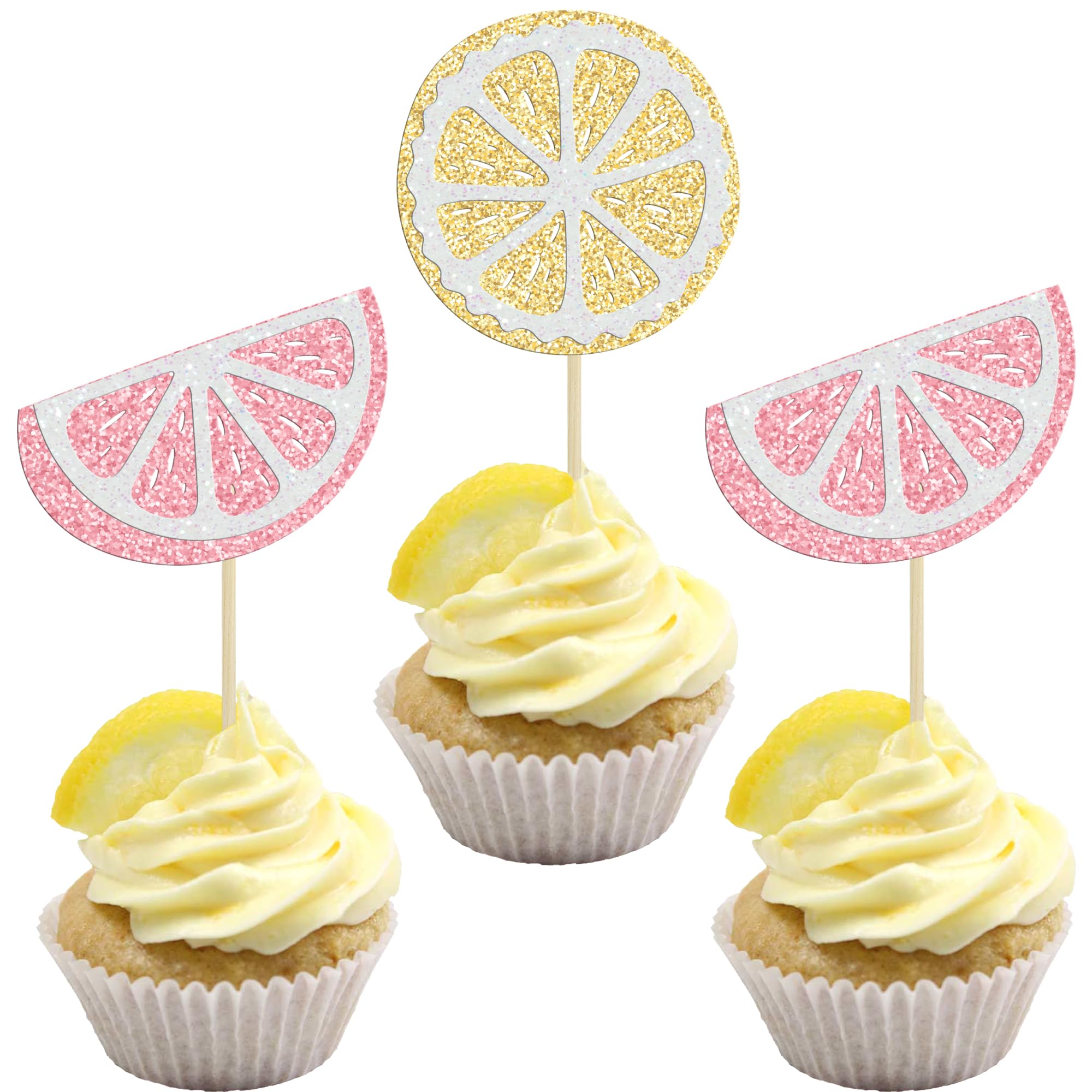 Ephlyn 24Pcs Lemon Cupcake Toppers Glitter Fruit Theme Lemonade Cupcake Picks for Lemon Theme Baby Shower Boys Girls Birthday Main Squeeze Party Cake Decorations Supplies