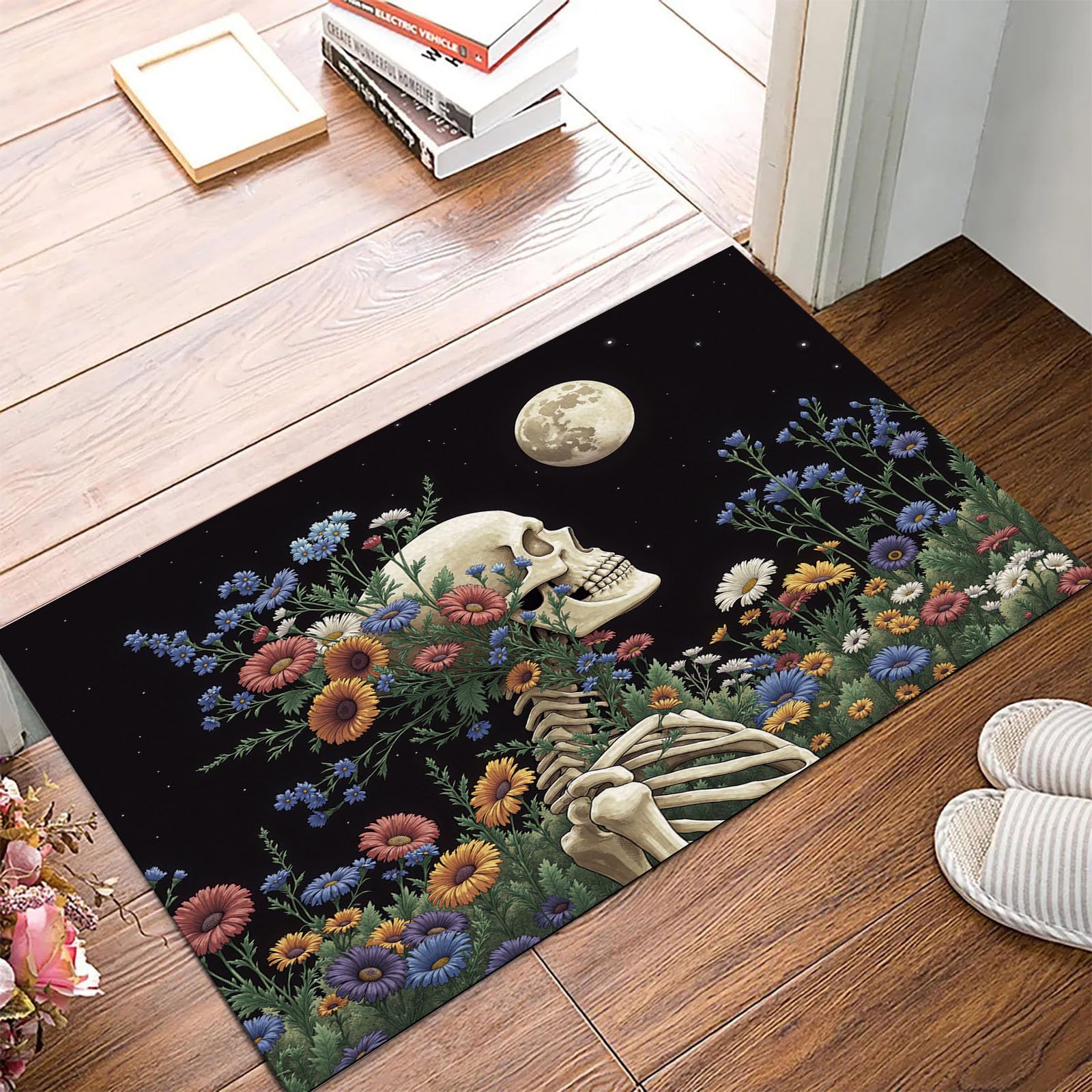 Tapis d'entrée antidérapant motif crâne fleuri pour une maison moderne