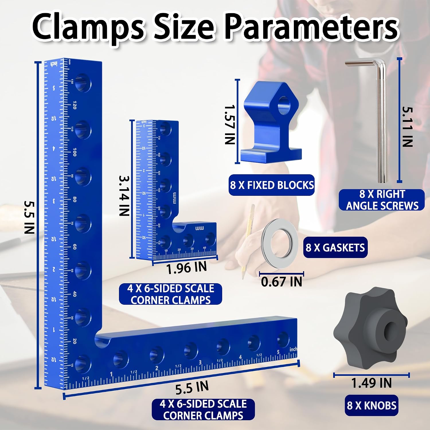 Corner Clamps for Woodworking, 8 piece 5.5"& 3.14" 90 Degree Aluminum Alloy Right Angle Clamp, Dual Scale Positioning Squares Set With Storage Box for Cabinets, Picture Frames, Drawers.For Man.