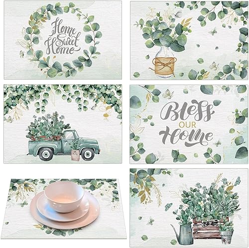 Preboun 6 manteles individuales de primavera y verano con hojas de eucalipto, rústicos, lavables, manteles individuales de color verde acuarela de