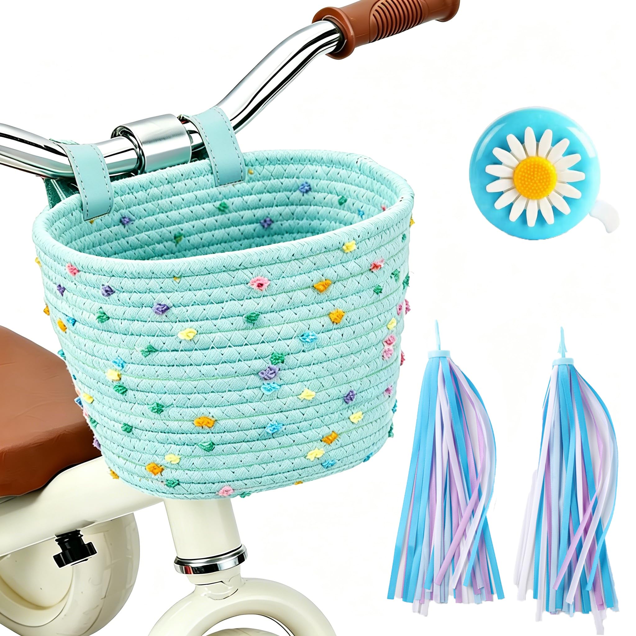 Kiswleon Bike Basket,Cotton Rope Woven Front Bike Basket,Cute Decorative Accessories with Spare Leather Straps,Tassels,Bell for Scooter Bicycle(Mint green)