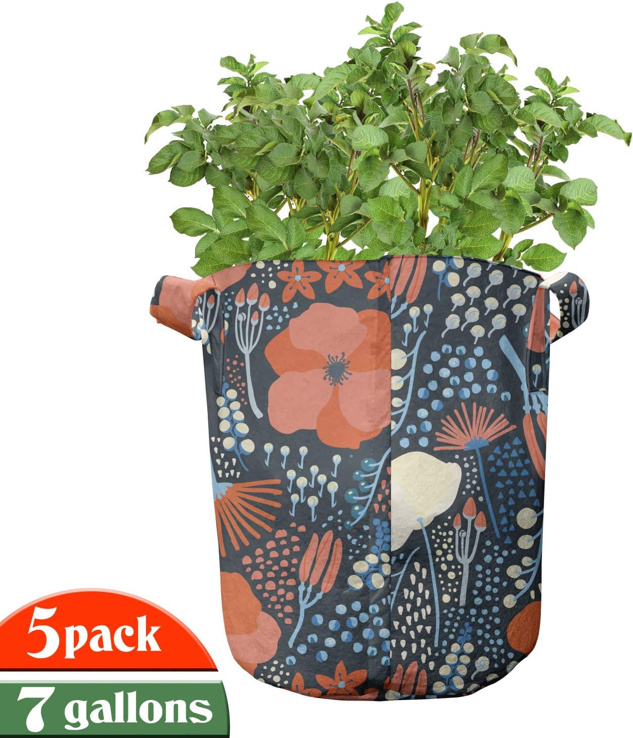 Lunarable Garden Art Grow Bags 5-Pack, Retro Spring Poppies, Heavyduty Fabric Pots with Handles for Plants, 7 Gallon, Night Blue Vermilion