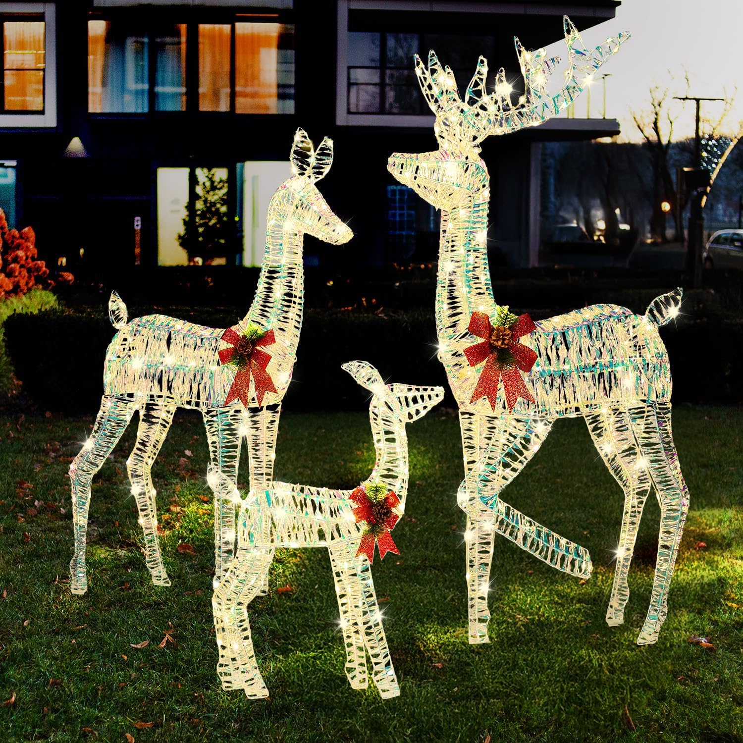 JOIEDOMI Deer Outdoor Christmas Decorations, 3 Pcs Lighted Christmas Deer Family Set, 360 Warm White LED Lights Xmas Yard Decor, 3D Reindeer with Stakes for Lawn Garden Porch Holiday, Iridescent