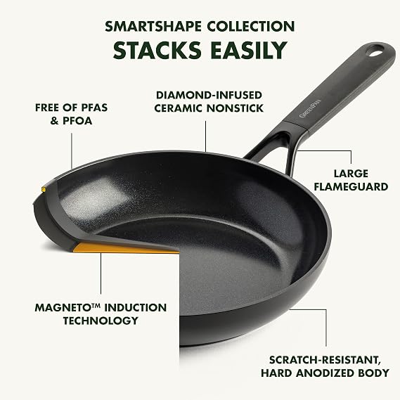 GreenPan SmartShape Healthy Ceramic Non-Stick 20 cm Frying Pan Skillet, PFAS-Free, Induction Suitable, Oven Safe, Black