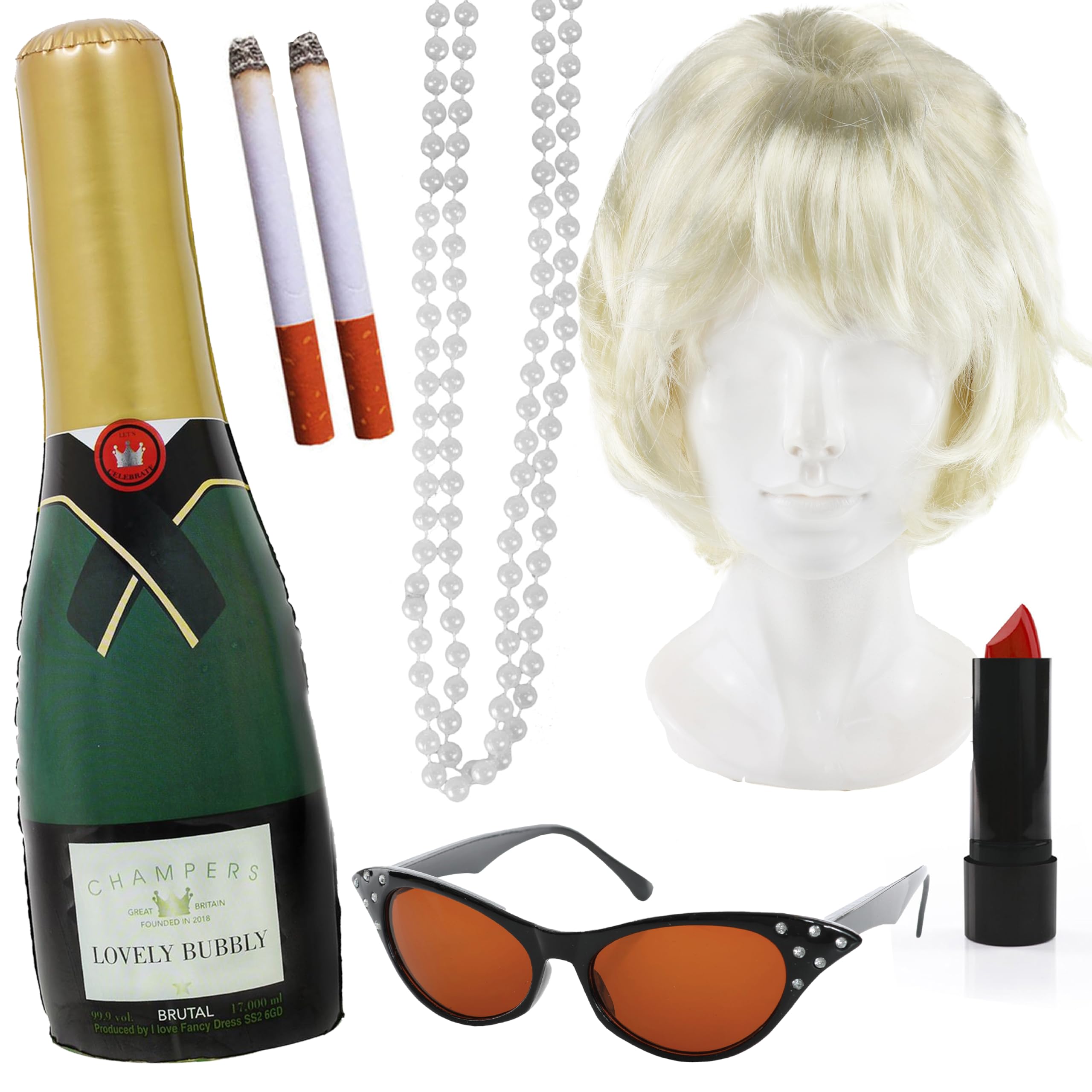 Adults Fabulous Lady Accessory Set - Blonde Beehive Wig, Black Glasses, Inflatable Champagne Bottle, Pearl Necklace, Red Lipstick, Fake Cigarettes - Ladies Classic British TV Character Costume Set