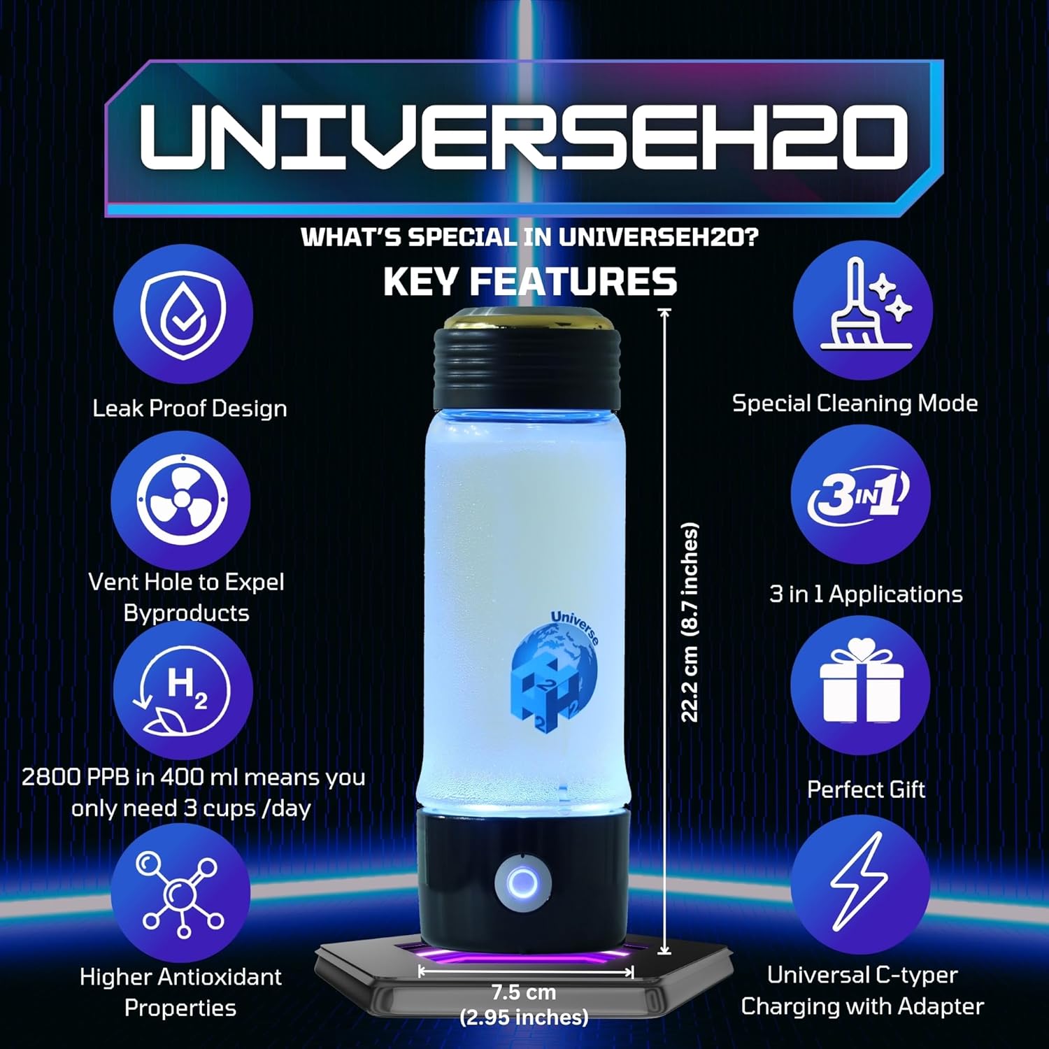 Hydrogen Water Bottle Generator 400ml – Glass SPE PEM Tech, Up to 2800+ PPB Molecular Hydrogen Generator with Nasal Cannula, Rechargeable, Portable, Compatible with Bottles