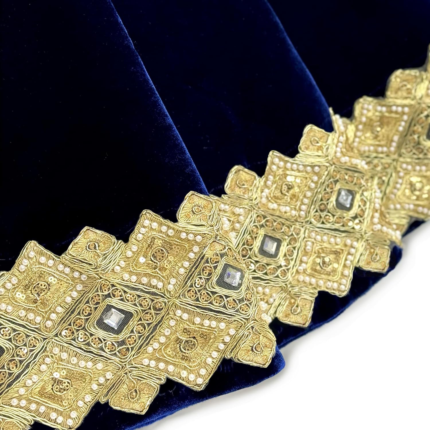 72-Inch Venetian Gilded Christmas Tree Skirt in Velvet with Gold Jeweled Band, Royal Blue