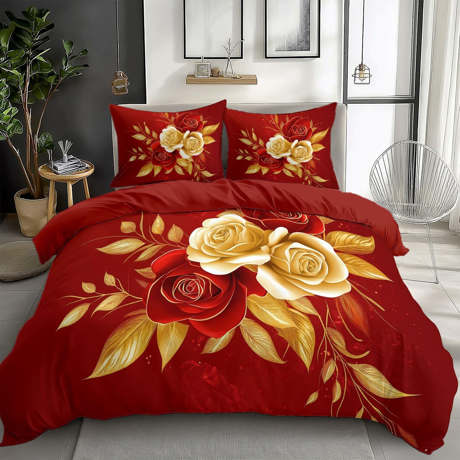 Parure de lit 3 pièces 240x260 cm avec housse de couette imprimée roses 3D rouge