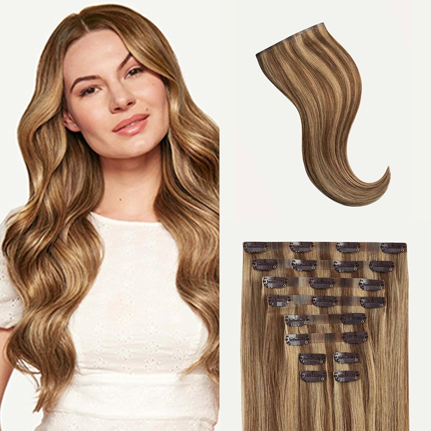 Luxy 100% Remy Human Hair - Seamless Clip-In Hair Extensions - Multi-Dimensional Color for Natural Blending, Adds Volume & Length 160 grams 16" Chestnut Brown Highlights