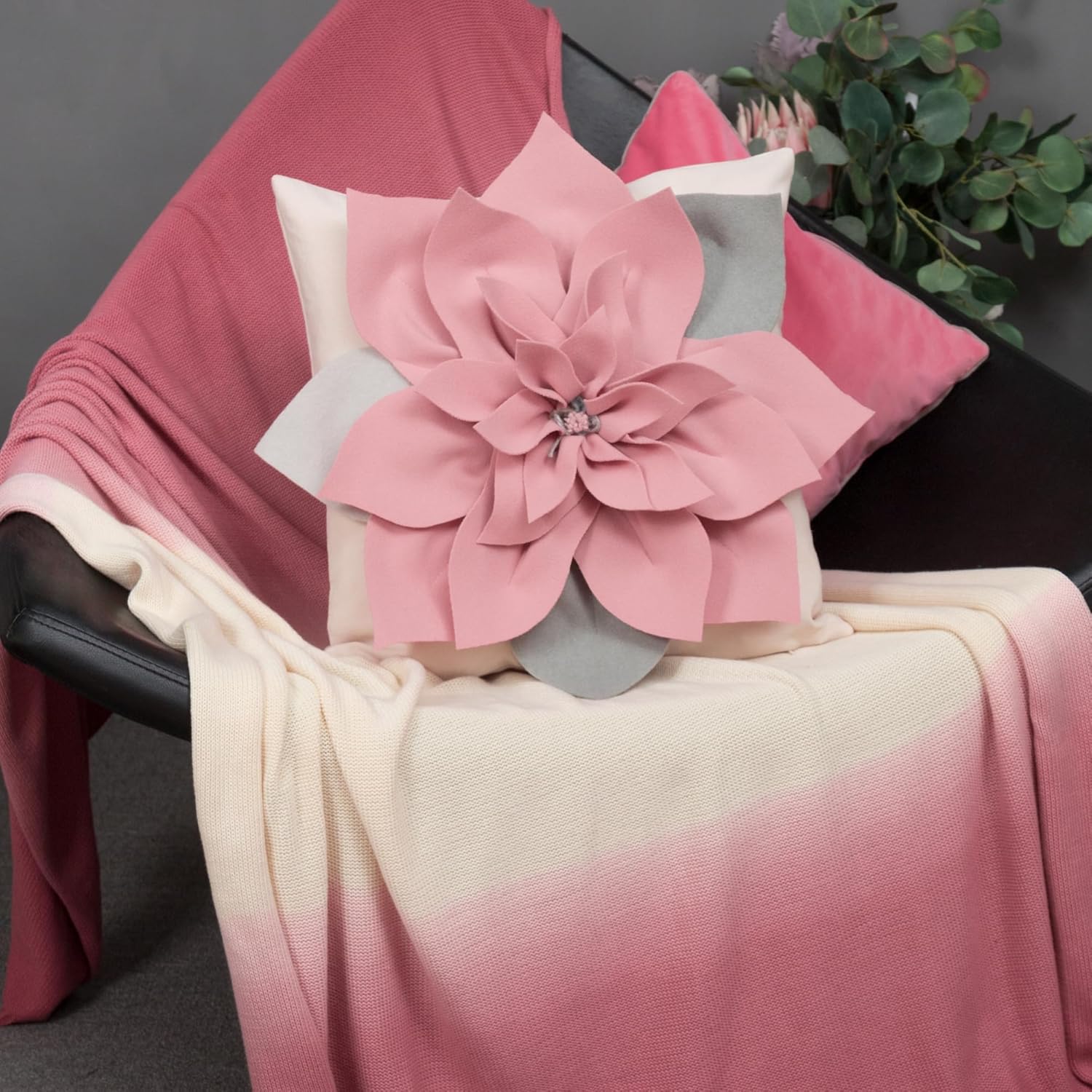 KINGROSE 3D Flower Throw Pillow Cover Home Decorative Pillow Case Handmade Cushion Cover for Couch Bedroom Sofa 18 x 18 Inches Pink