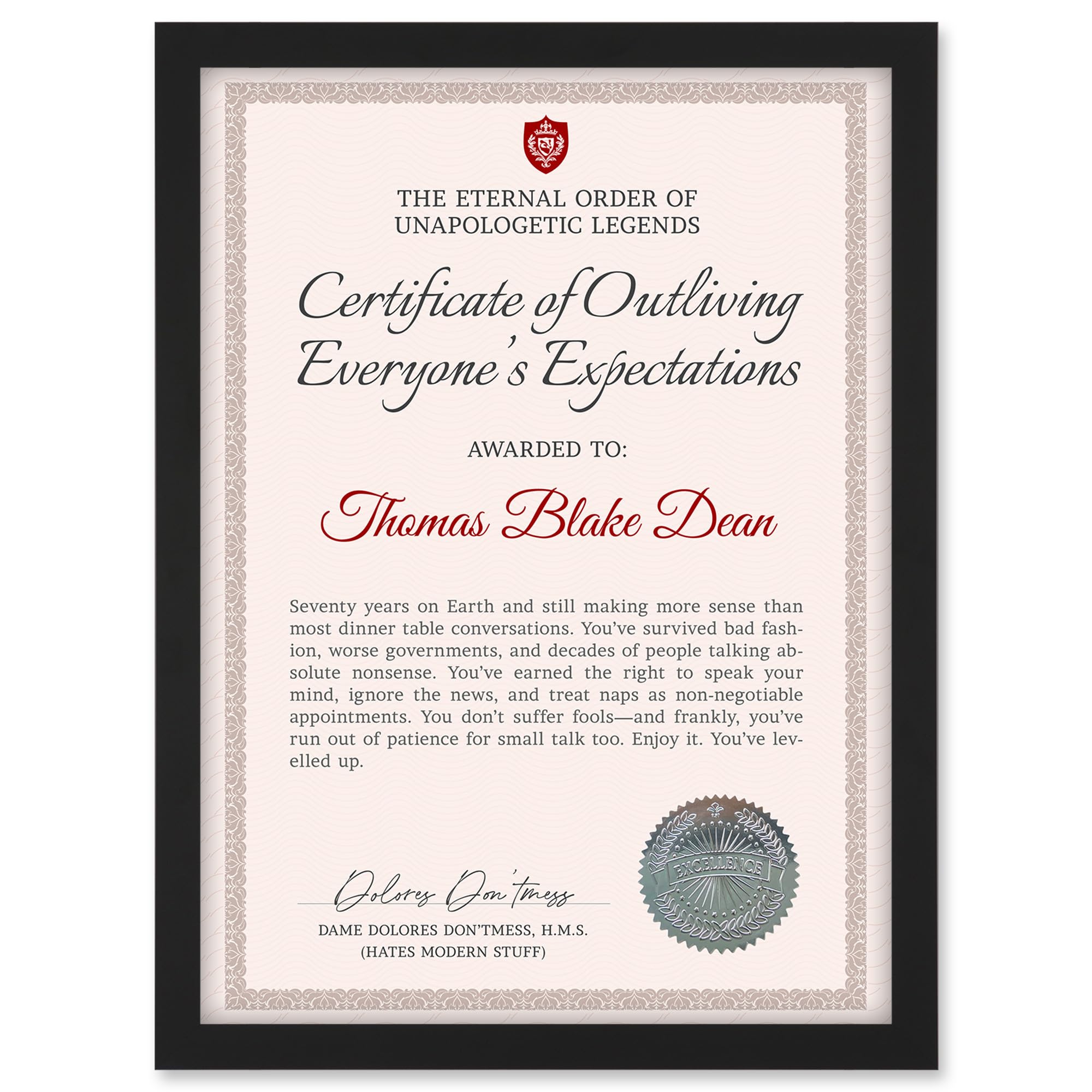 Artery8 Personalised Fun Fake Certificate Seventy Years on Earth Funny Gag Fun Joke 70th Birthday A4 Black Framed Diploma Novelty Award
