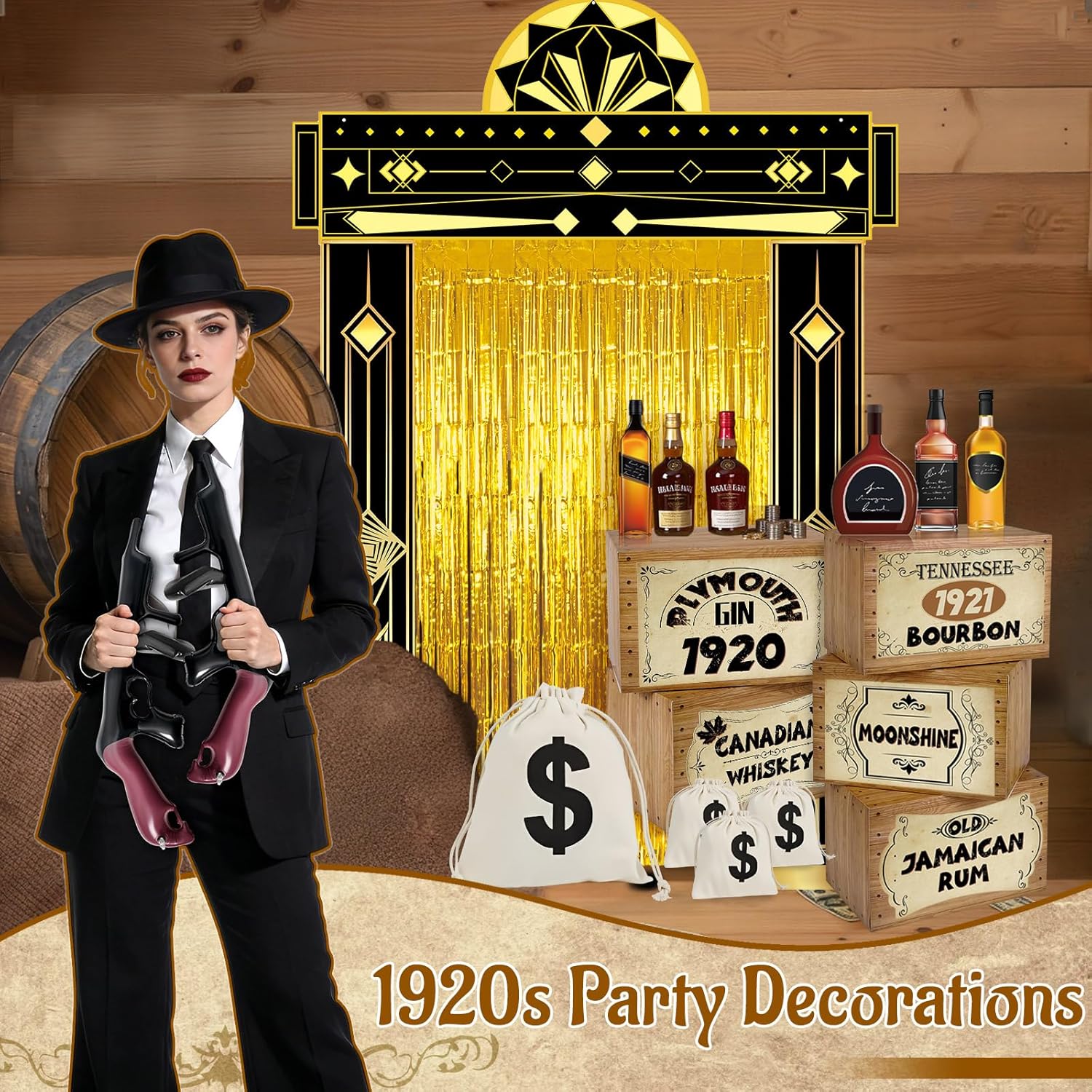 23 Pcs Roaring 20s Party Decoration with 1920s Black Gold Door Backdrop Foil Curtain Inflatable Gun Canvas Money Bag Vintage Box Whiskey Bottle Prop for Speakeasy Retro Twenties Mafia Party