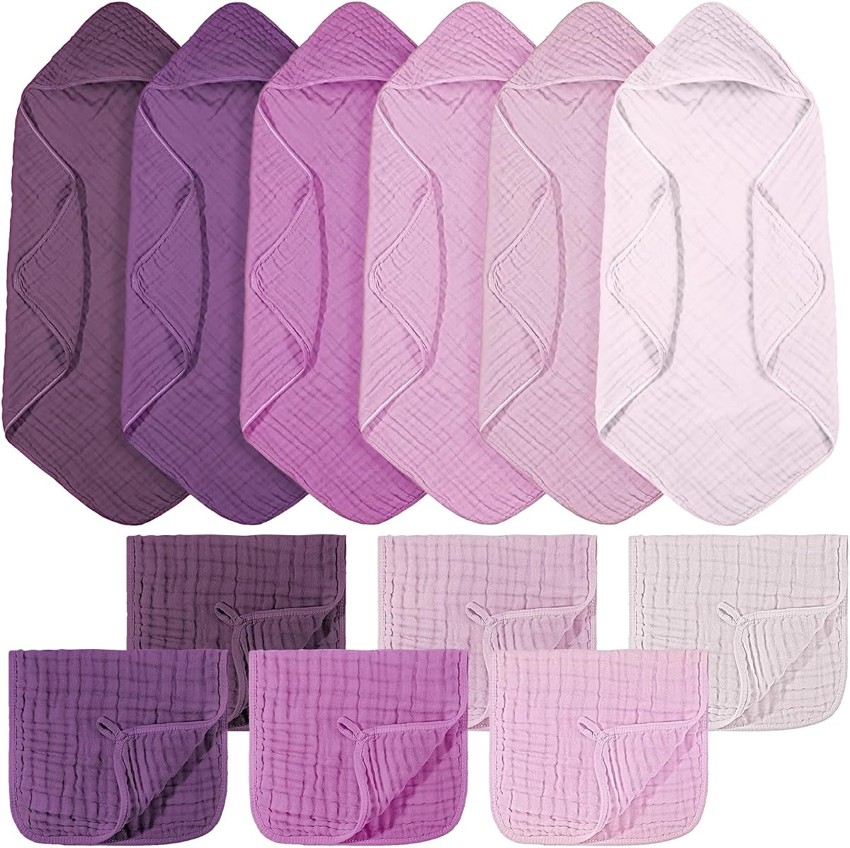 12 Pcs Baby Muslin Hooded Bath Towels and Washcloths, Muslin Hooded Baby Towels Absorbent Blankets for Gift Newborn Infant Shower (Purple Series)
