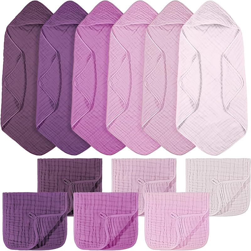 12 Pcs Baby Muslin Hooded Bath Towels and Washcloths, Muslin Hooded Baby Towels Absorbent Blankets for Gift Newborn Infant Shower (Purple Series)