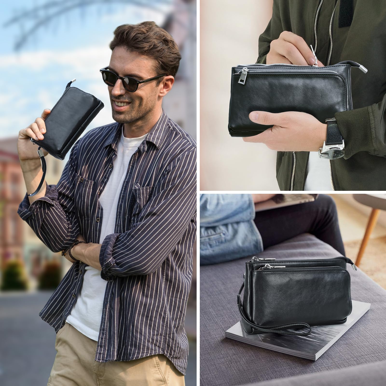 CONTACT'S FAMILY Leder-Kabel-Organizer, Tech-Organizer-Tasche, Elektronik-Zubehör, Reisetasche, Schwarz , Taschen-Organizer