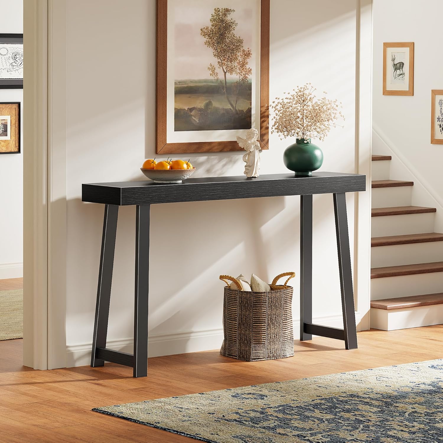 Huuger Entryway Console Table with Charging Station, USB-C Port, 53.9 Inch Sofa Table with Metal Legs, Entry Hallway Table with Deeper Desktop, Modern Behind Couch Table, Black