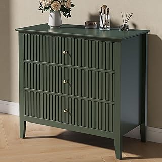 RoyalCraft Fluted 3 Drawer Dresser, 32 inch Wide Dresser Nightstand for Bedroom, Modern Wood Chest of Drawers, Large Painted Nightstand with 3 Drawers for Closet, Hallway, Entryway, Dark Green