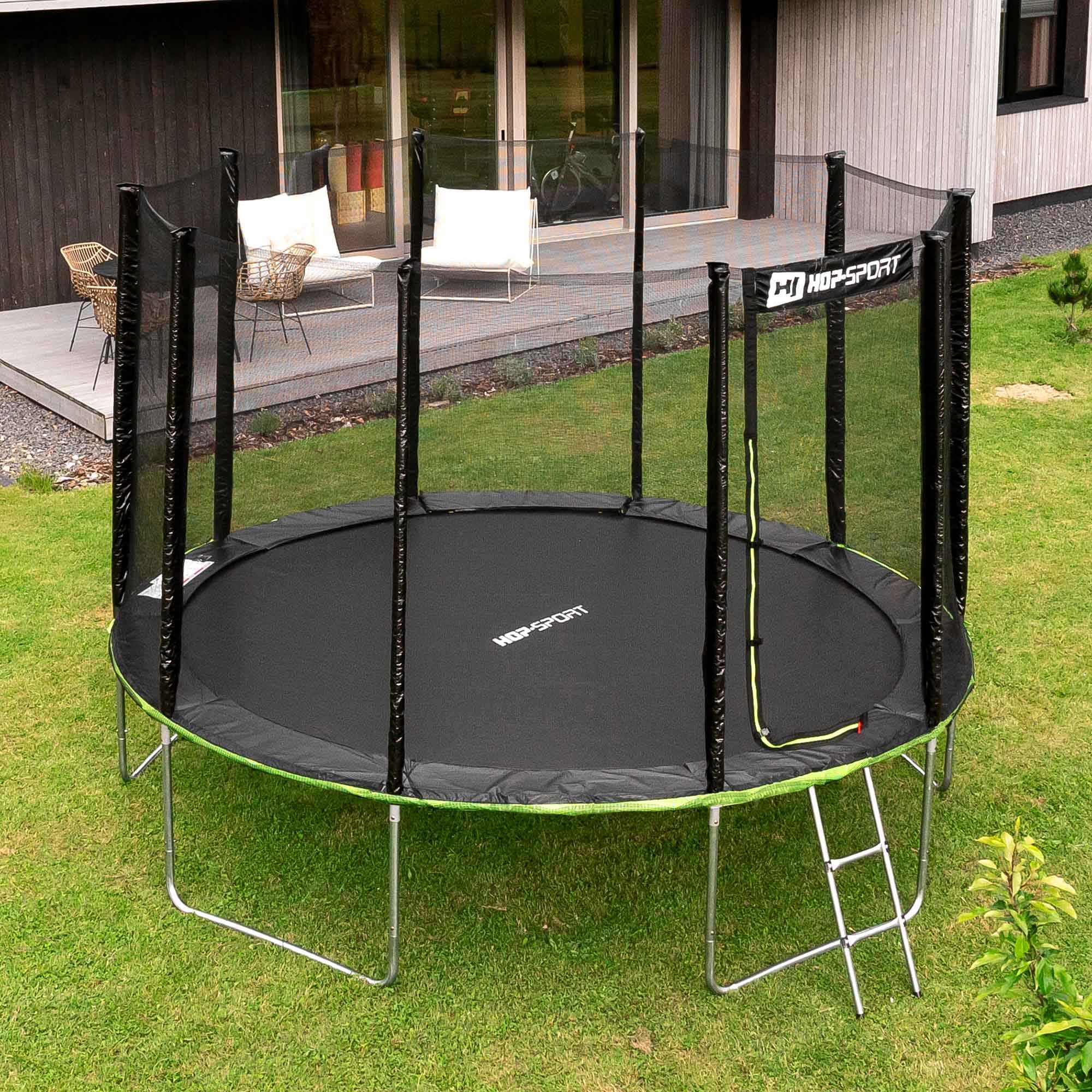 Hop-Sport Trampolin Outdoor - Ø 244/305/366/427/488 cm - Trampolin mit außenliegenden Sicherheitsnetz, Stabiler Rahmenkonstruktion & Sicherheitszertifikaten - Komplettset mit Leiter