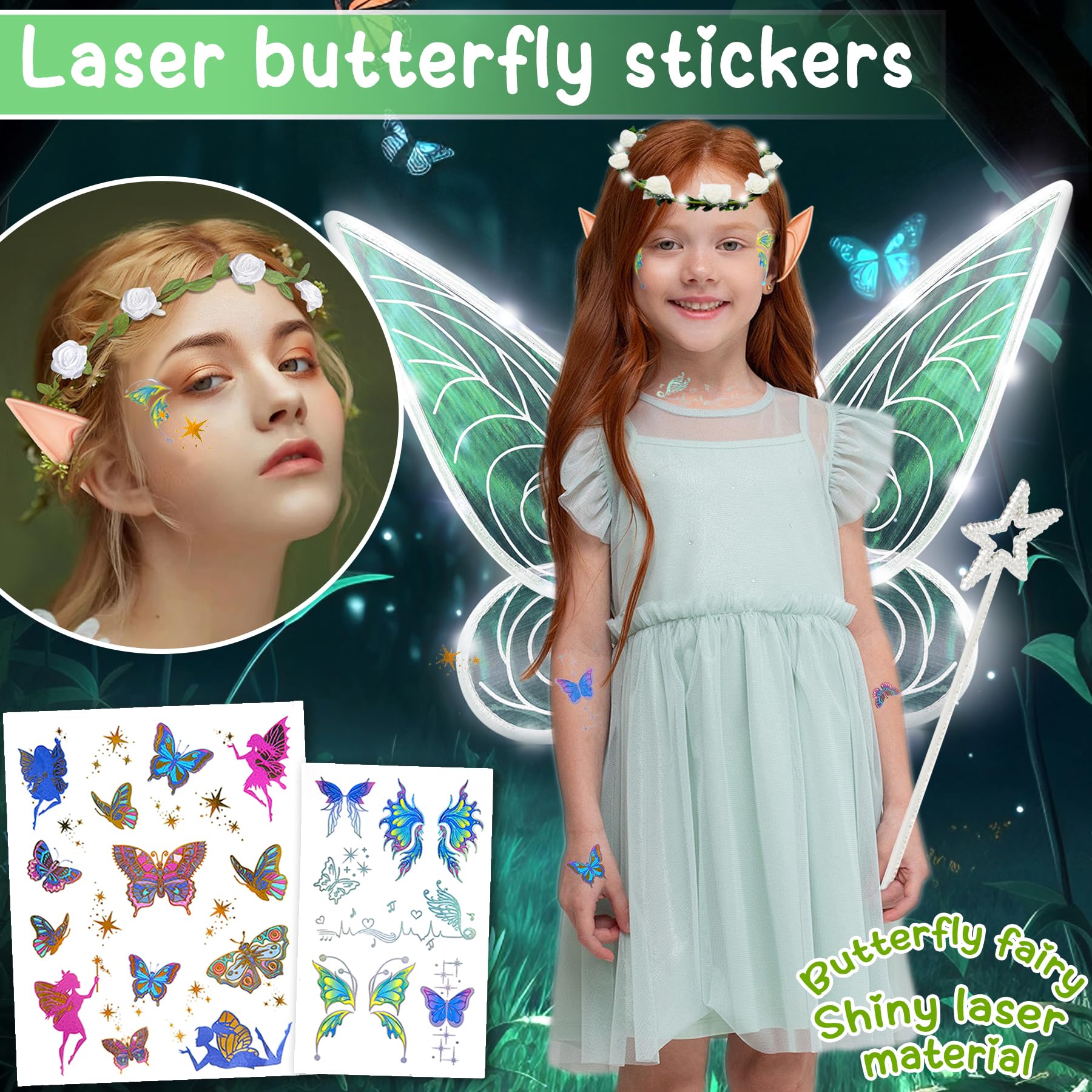 Costume D'ailes De Fée Avec Baguette Magique - Ailes Papillon Organza, Bandeau, Paillettes - Pour Halloween, Anniversaire