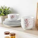 VEWEET Porcelain Dinnerware Sets for 4, 12 Pieces Plates and Bowls Set with Pink Floral, Dishes Set Dining Ware for Family, Microwave and Dishwasher Safe, Series Annie