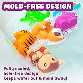 Tub Works Rainforest Mold Free Bath Toys, 6 Pack | Sealed, No Hole Bath Toys Design Keeps Moisture Out | Soft, Squeezable & Float on Water | Easy-Grip Baby & Toddler Bath Toy | Great Baby Pool Toys