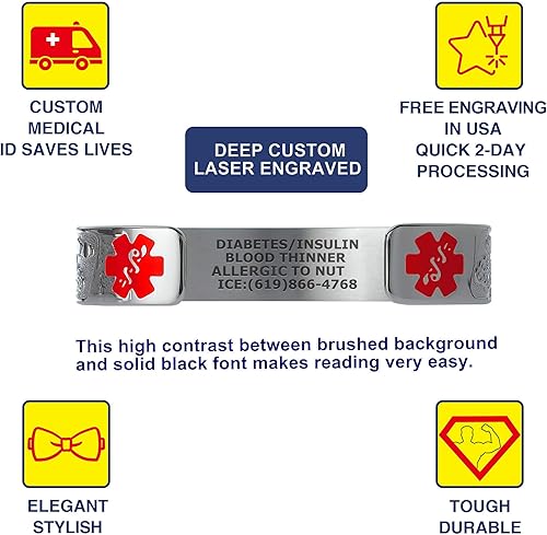 Vista 2 de Divoti Pulseras de alerta médica grabadas personalizadas para mujer, pulsera médica de acero inoxidable, pulsera de identificación médica